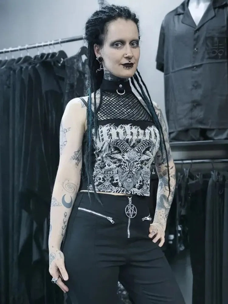 InsGoth Gothic Punk Tank Tops Mall Goth Grunge Print Harajuku Women Y2K Crop Tops Summer Vintage Black Sleeveless Streetwear
