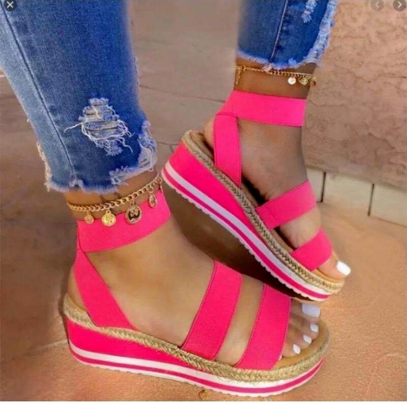 Roman Sandals Ladies 2022 Summer New Wedge Heels with Cross Ties Non-slip Shoes Fashion Candy Color Open Toe One Pedal Sandalias