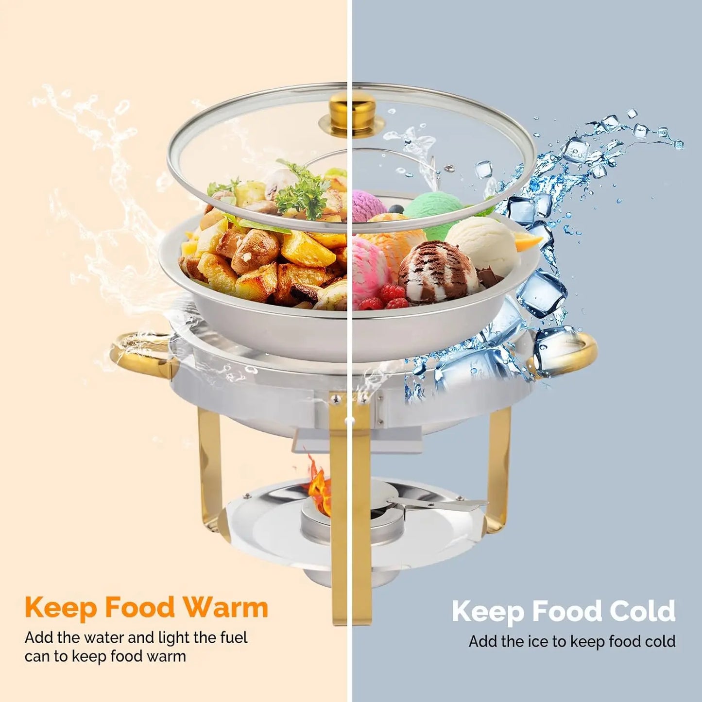 5QT 4 Packs Chafing Dish Buffet Set Gold Accent, NSF Round Stainless Steel Buffet Warmer.