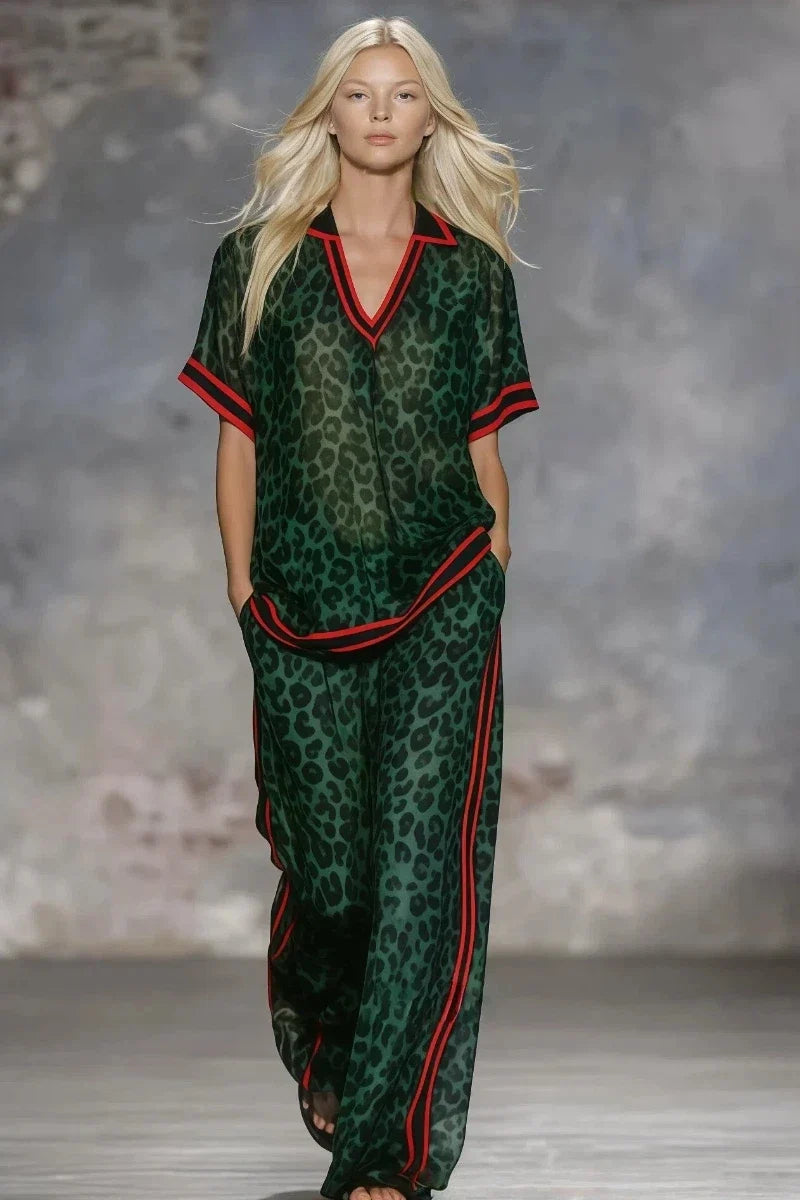 Women Leopard Print Two Piece Set Summer Casual Stripe V-Neck Short-sleeved Top & Wide Leg Pants Red Trim Casual Vacation Outfit