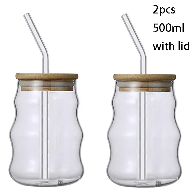 YWDL 500ml Glass Tumblers Cups With Straw Mason Jar Clear Juice Coffee Milk Cup With Bamboo Lids Drinkware Stripe Beer Mug