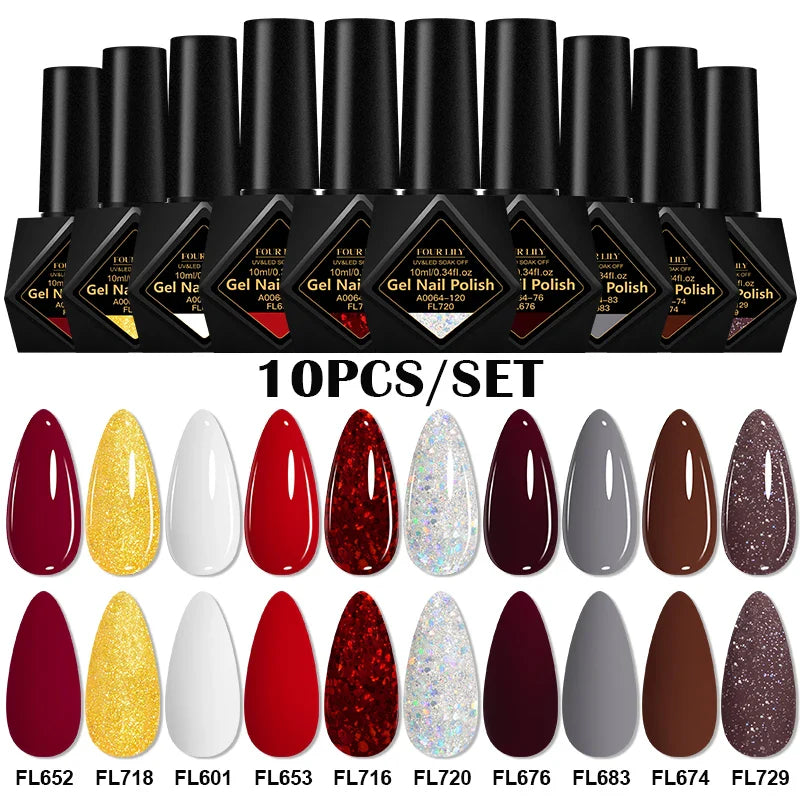 10pcs 10ml Gel Nail Polish Set, HEMA TPO Free, Red ,Coffee Brown, Semi Permanent Soak Off ,UV Gel Varnish For Winter Nail Supplies.