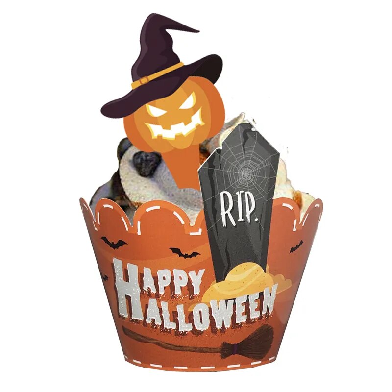 12/24pcs Halloween Cupcake Wrapper Horror Pumpkin Spiderweb Cake Topper Baking Cup Muffins Halloween Party Decor Baking Supplies