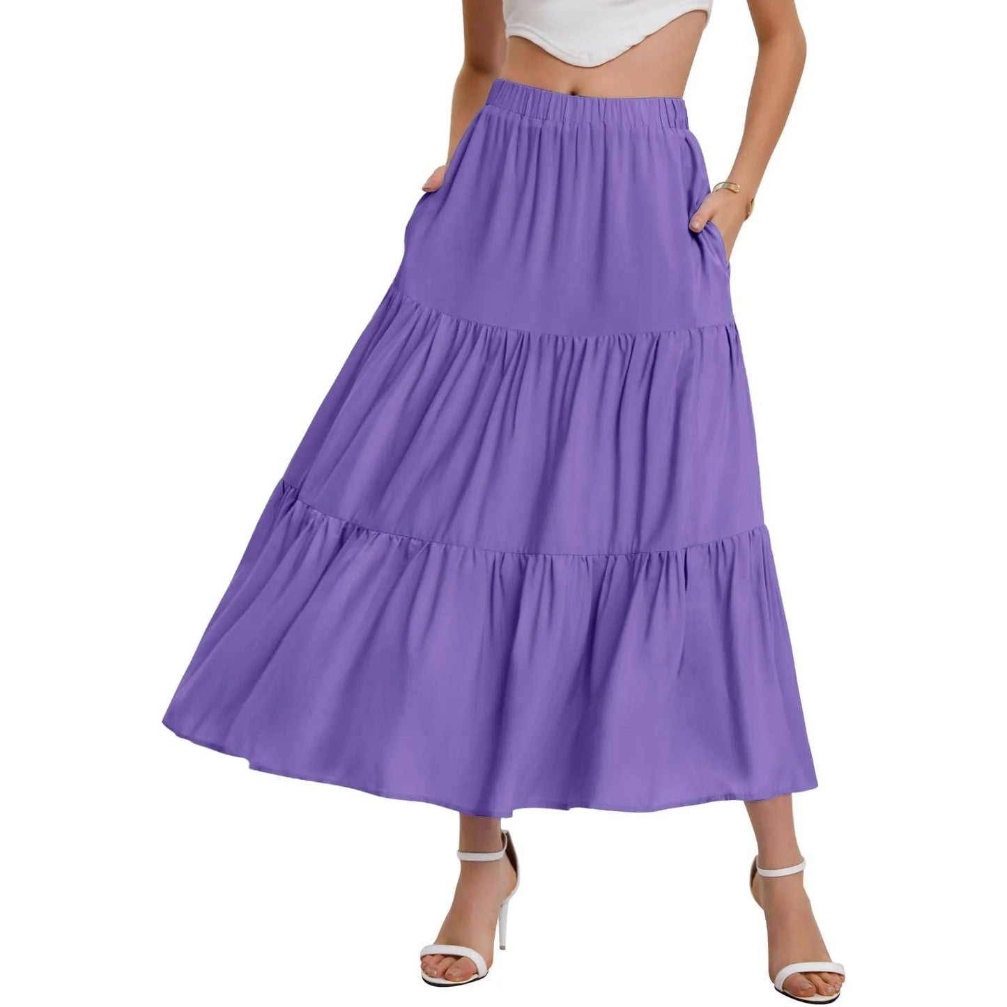 Skirts For Women Summer Bohemian Swing Beach Skirt High Waist A Line Flowy Skirts Pleated Layered Ruffle Hem Flowy A Line Skirt