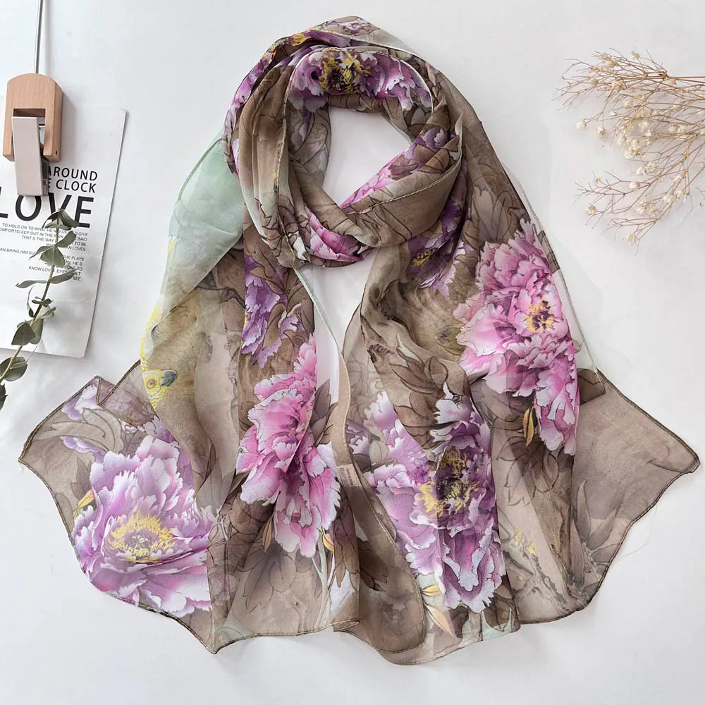 Women Fashion Chiffon Georgette Silk Scarf For Muslim Hijab Peony Flower Bandana Summber Beach Sarong Scarf&Shawl HY30