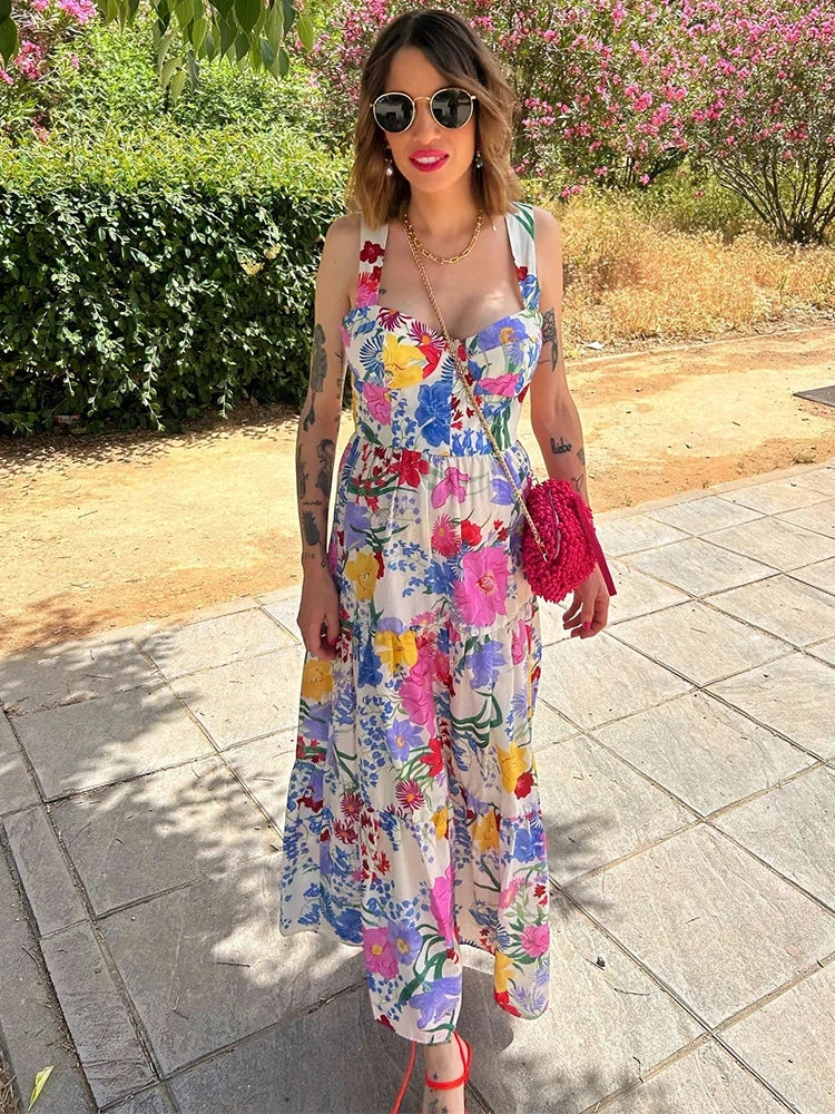 ZBZA Women's Colorful Printed Dress Square Neck Mid Rise Sleeveless Hidden Zip Camisole A-line Long Skirt New Female Chic Dress