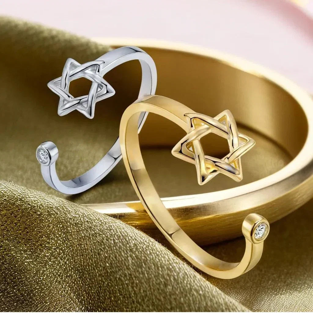 YILUOCD Hollow Hexagon Zircon Jewish Ring for Women Magen Star of David Adjustable Rings Promise Jewelry Gift