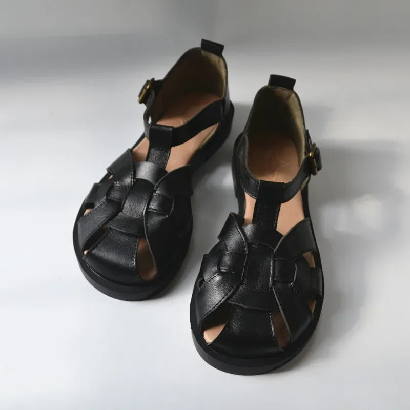 Hand-woven cowhide hollow-out outdoor flat sandals vintage leather summer WomenShoesRoman  elderly nostalgic shoe