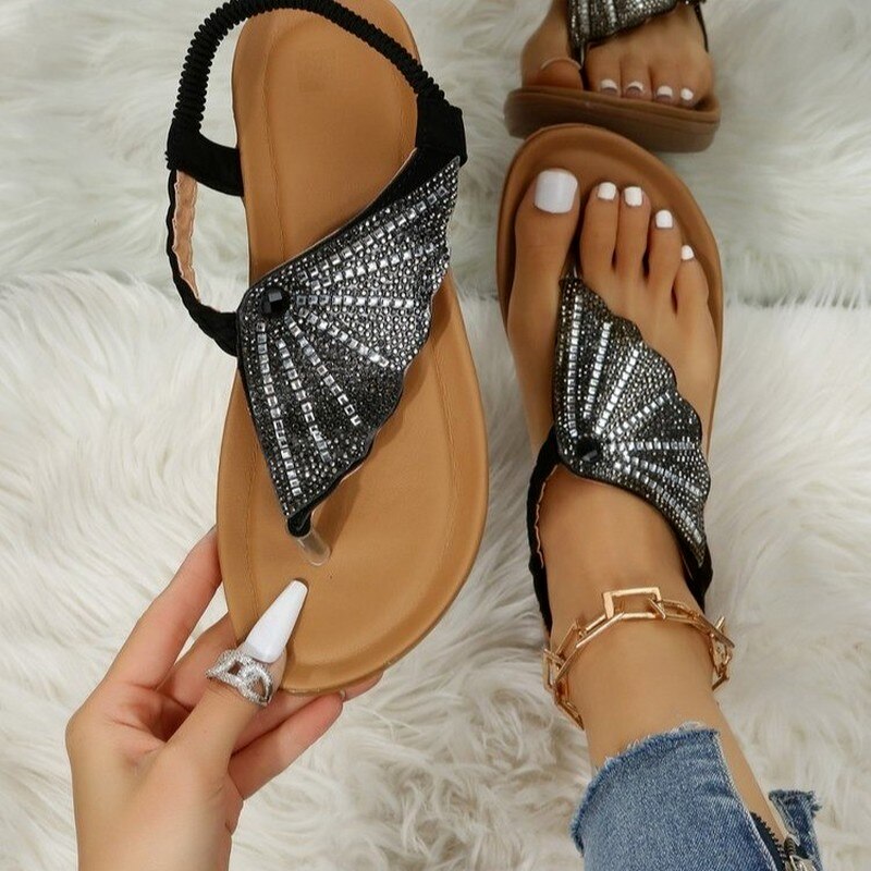 Roman Sandals 2022 New Rhinestone Slip-On Butterfly Clip-toe Flats Fashion Summer Elastic Band Round Toe Simple Women's Sandals