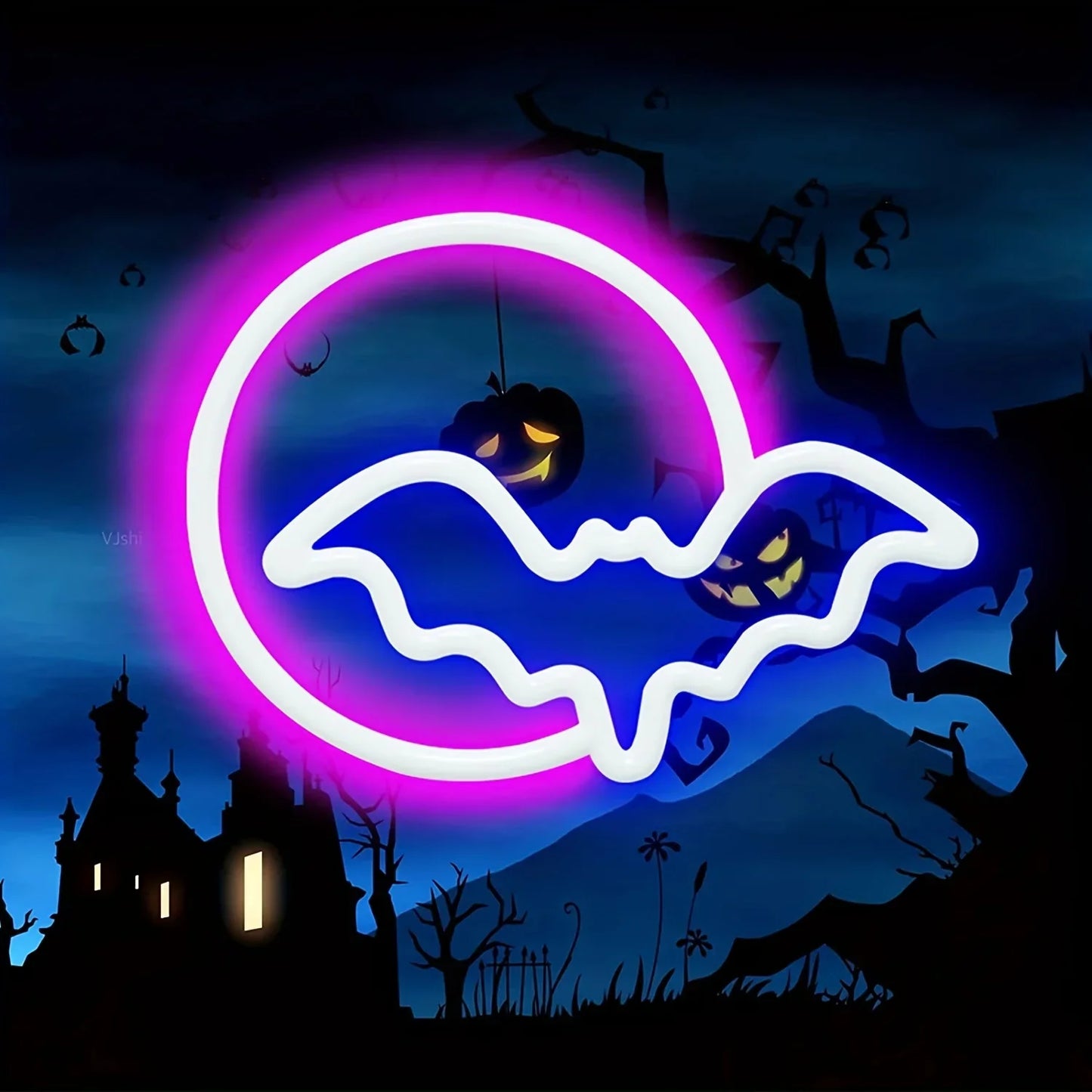 Halloween Neon Sign Moon and Bat, USB/Battery Powered, Bar, Living Room, Home, Party Decorative Lights
