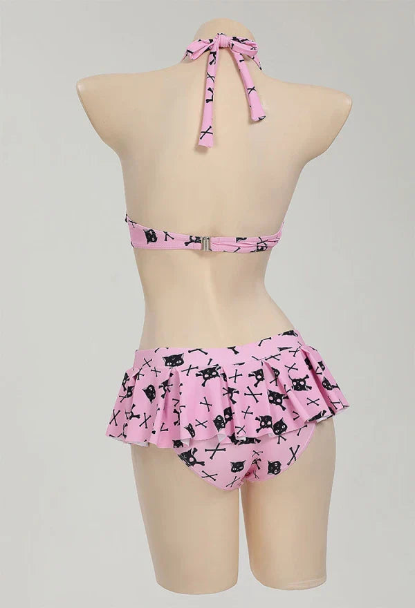 Meowcos Women Swimwear Thriller Kitten Skull Cat Print Swimsuit Heart-shaped Design Pink Skeleton Cat Two Pieces Swimsuit