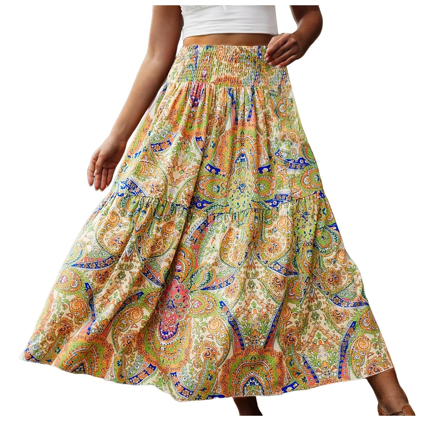 Vintage Boho Skirts For Women Summer Elastic Waist A-Line Faldas Bohemian Printed Flowy Skirt Beachside Swing Maxi Long Skirts