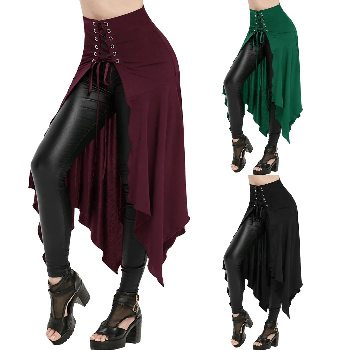 Medieval Vintage Irregular Black High Waist Skirt Women's Fashion Front Slits Punk Steampunk Halloween Gothic Cosplay Costume