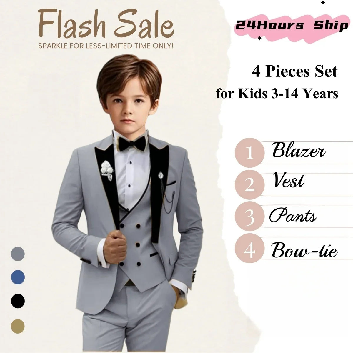 2025 New Kids Suit Set, 4 Pieces Formal  Suits for Boys, Jacket, Vest, Pants, Bowtie Velvet Collar.