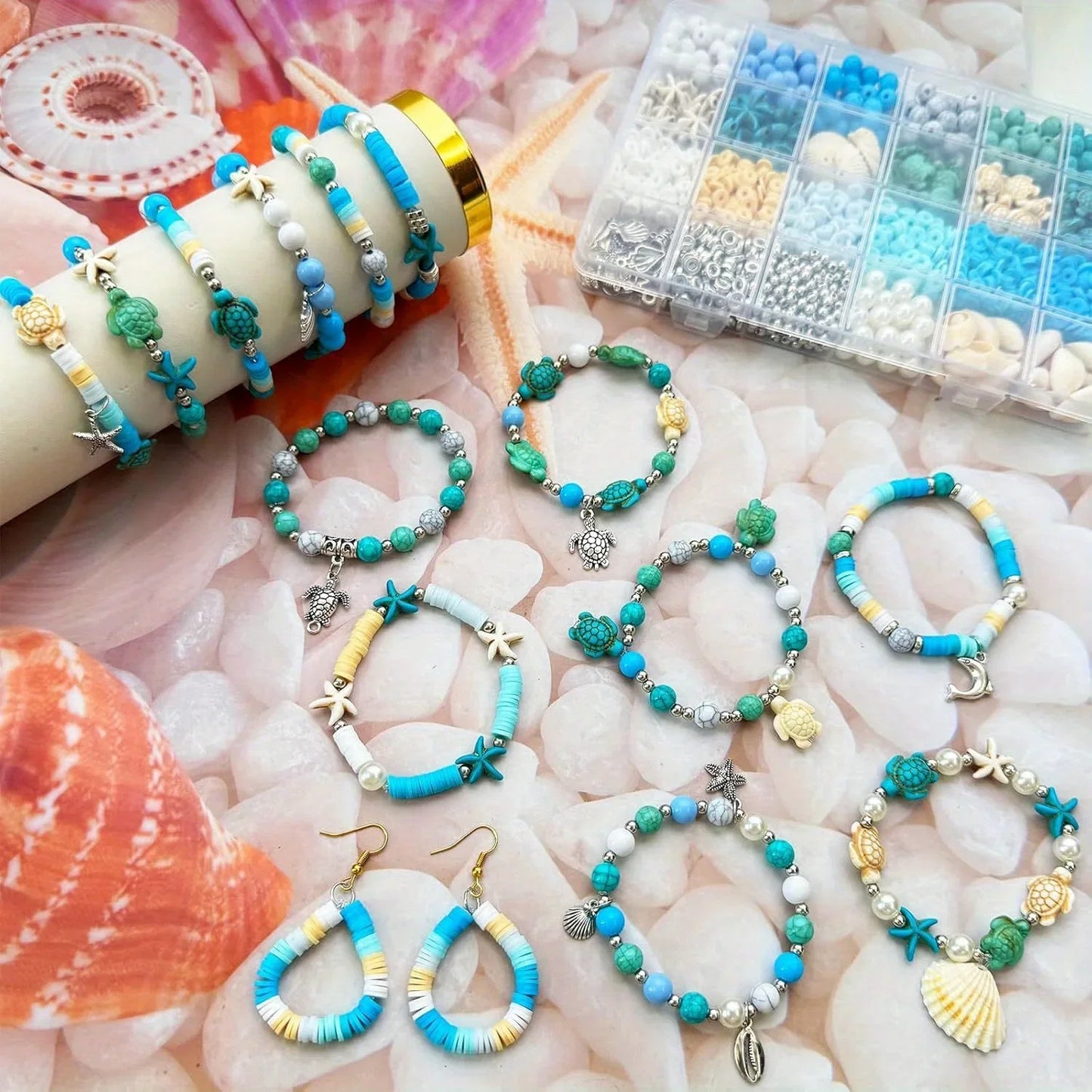 1860pcs Sea Blue and White Beads Paired with Sea Turtle and Starfish
