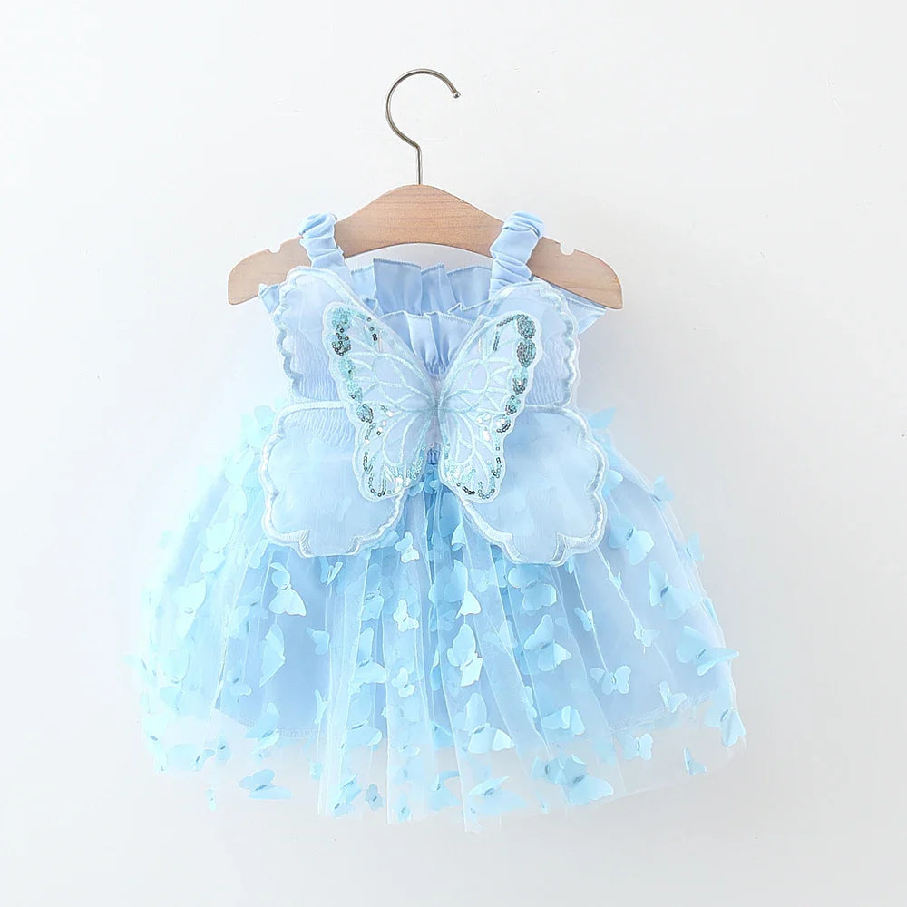 Baby Girl Party Dress Princess Birthday Dress Back Bow Wing Embroidery Mesh Solid Color Strap Mesh Dress 0-3 Years Old