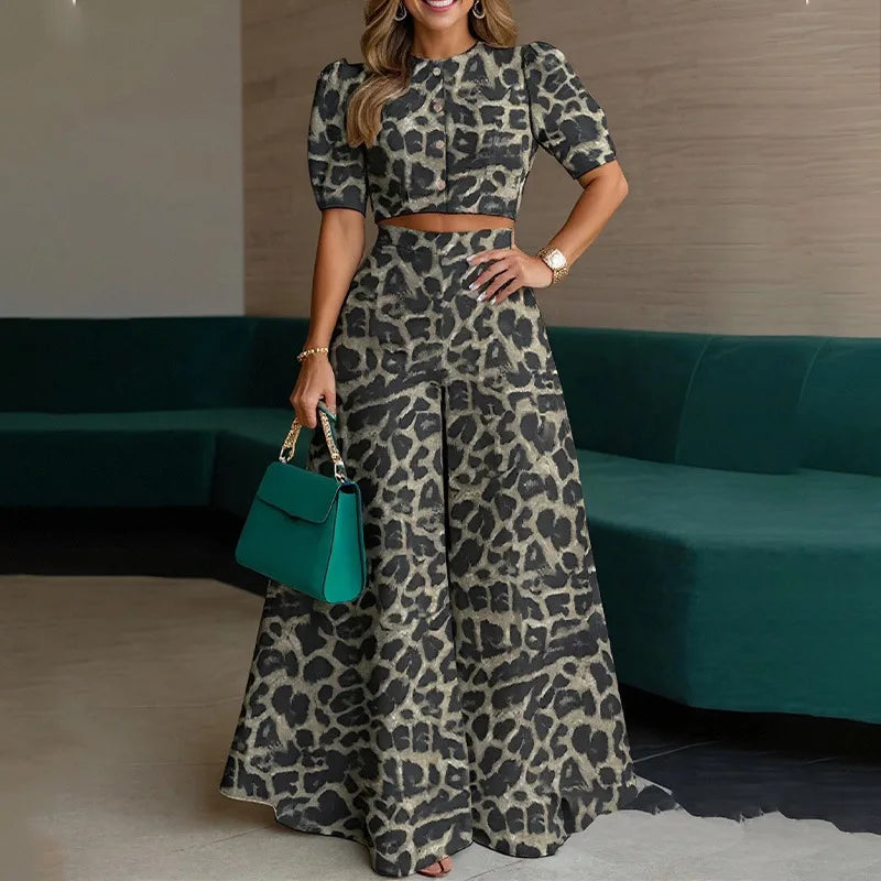 Elegant Solid Color 2 Piece Set 2026 Summer Short Sleeve Button-Down Crop Blouse Top+High Waist WideLeg Pants Set Casual Outfits
