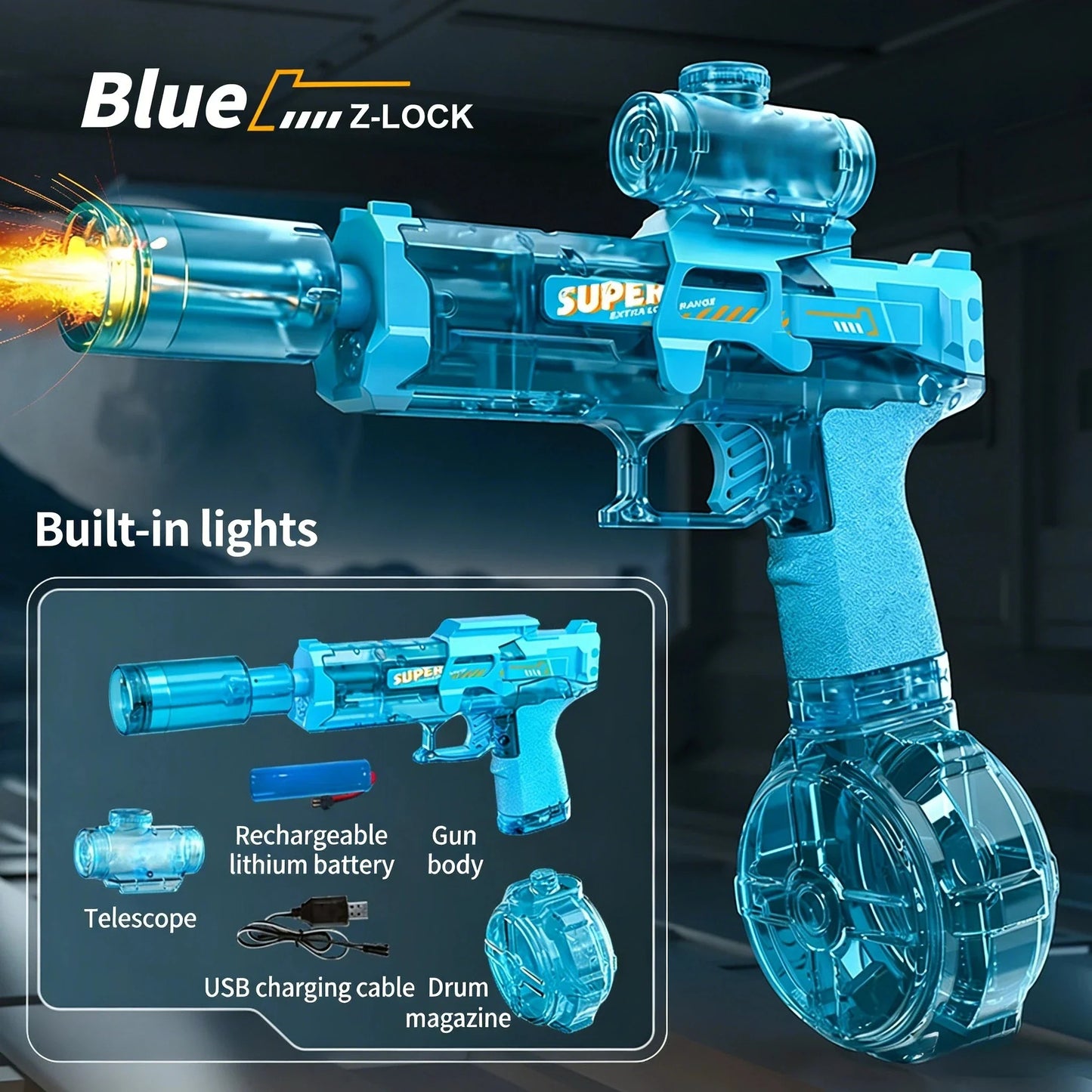 Electric Water Gun with Flashing Function Continuous Spray Water Gun Summer Outdoor Game Water Gun Children's and Adult Toy Gift