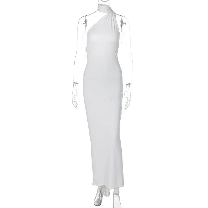 Hugcitar One Shoulder Backless Adjustable Scarf Loop Ruched Sexy Maxi Dress 2025 Women Elegant Y2K Streetwear Festival Outfit