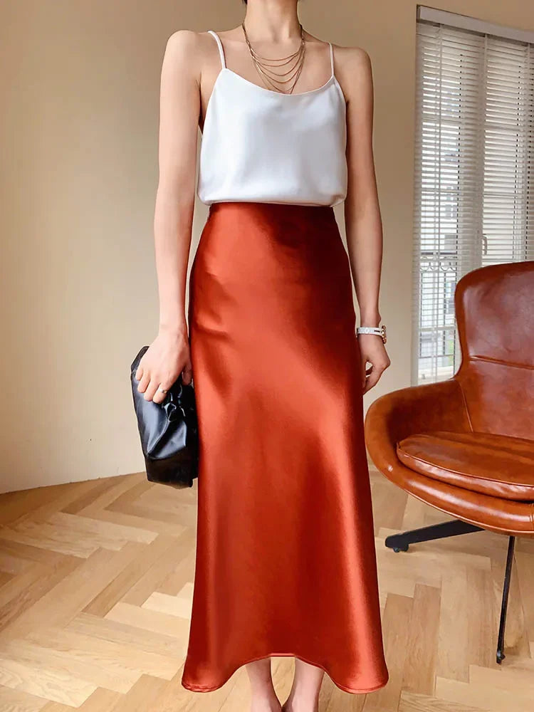 Elegant Women's Skirts Korean Fashion Satin Silk A-line Skirt Office Black Champagne Long Summer Skirts Woman Fashion 2024
