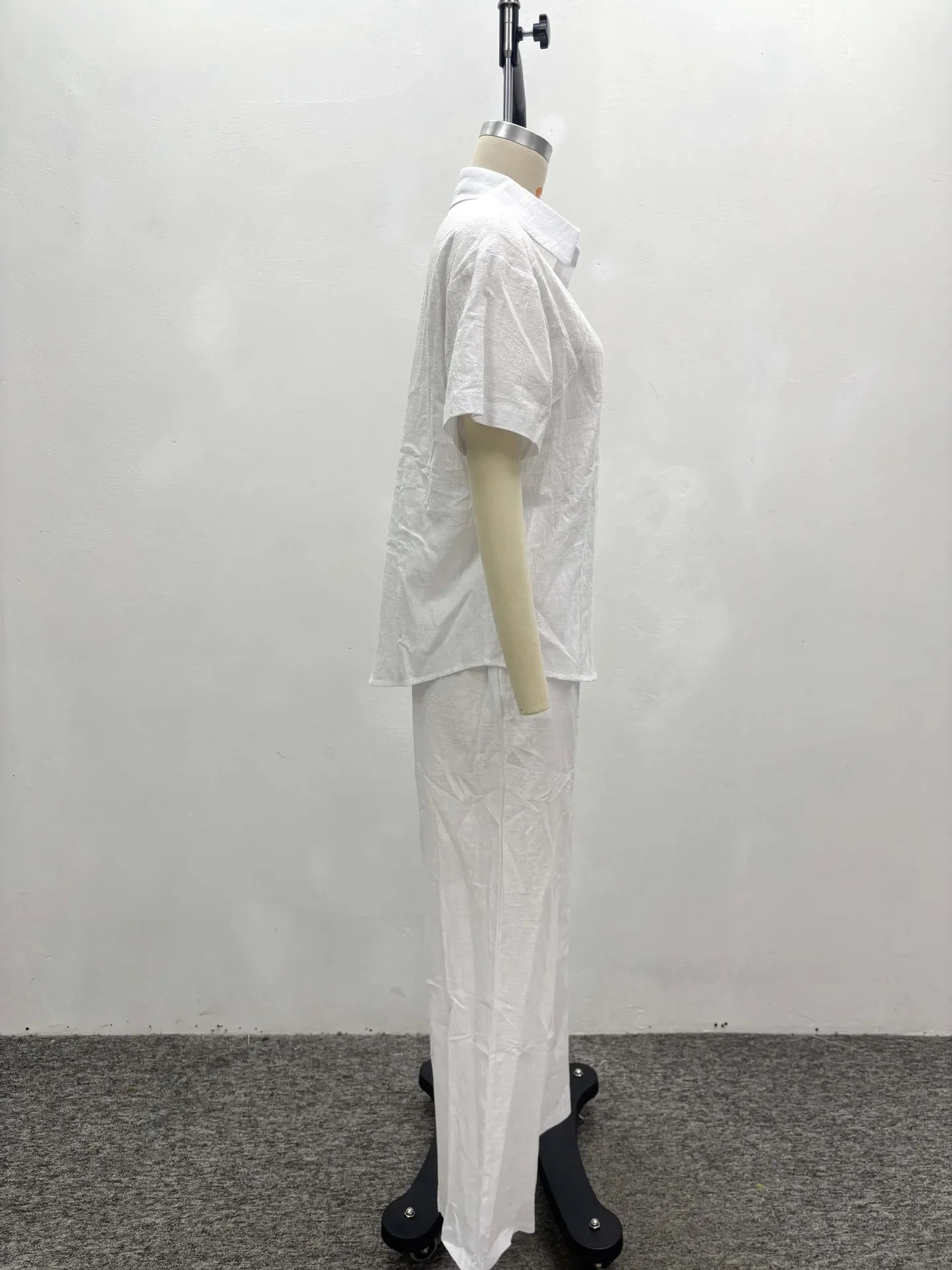 Women Casual Two Piece Pant Set Short Sleeve Turn Down Collar Shirts Top and High Waist Loose Wide Leg Pant Matching Set 2025