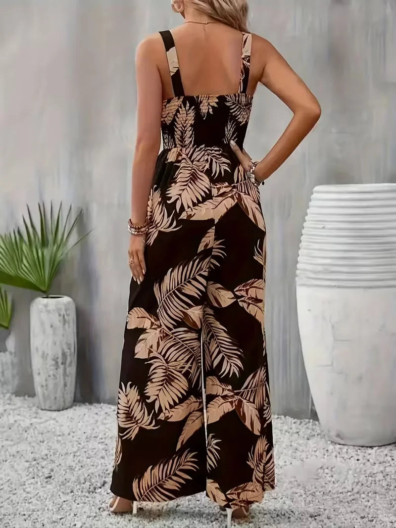 Women's summer elegant back hugging tropical printed overalls.