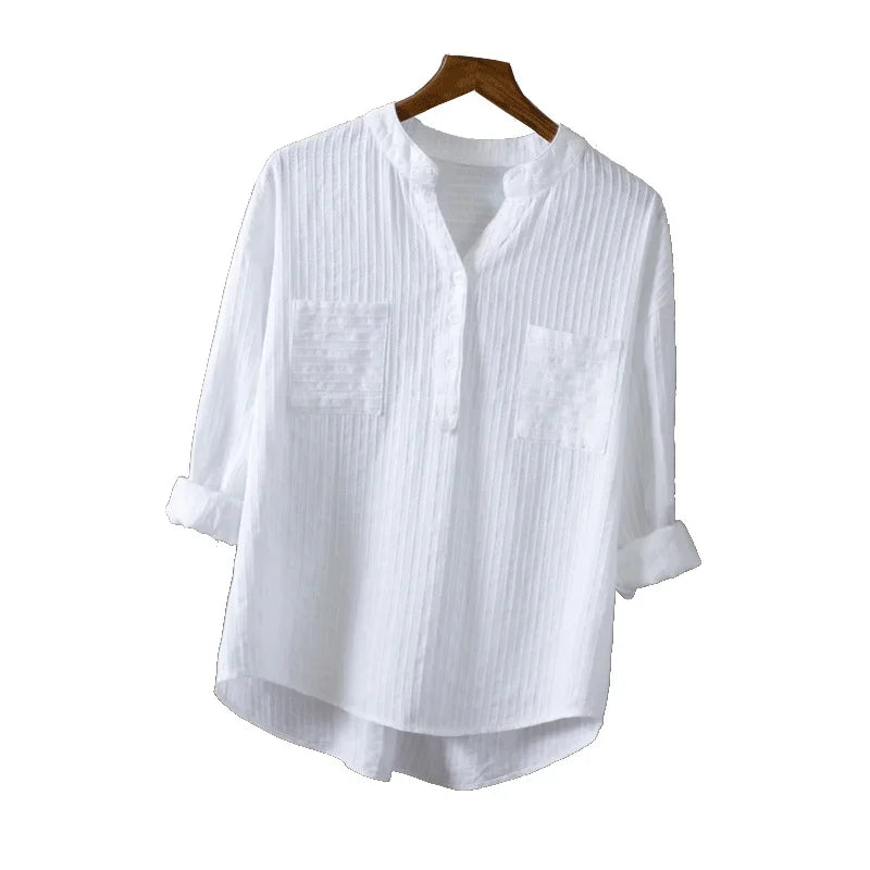 Cotton White Shirt Women's Tops Mujer Office Long Sleeve New Korean Loose Casual Vertical V-neck Shirts Top Blusas De Mujer
