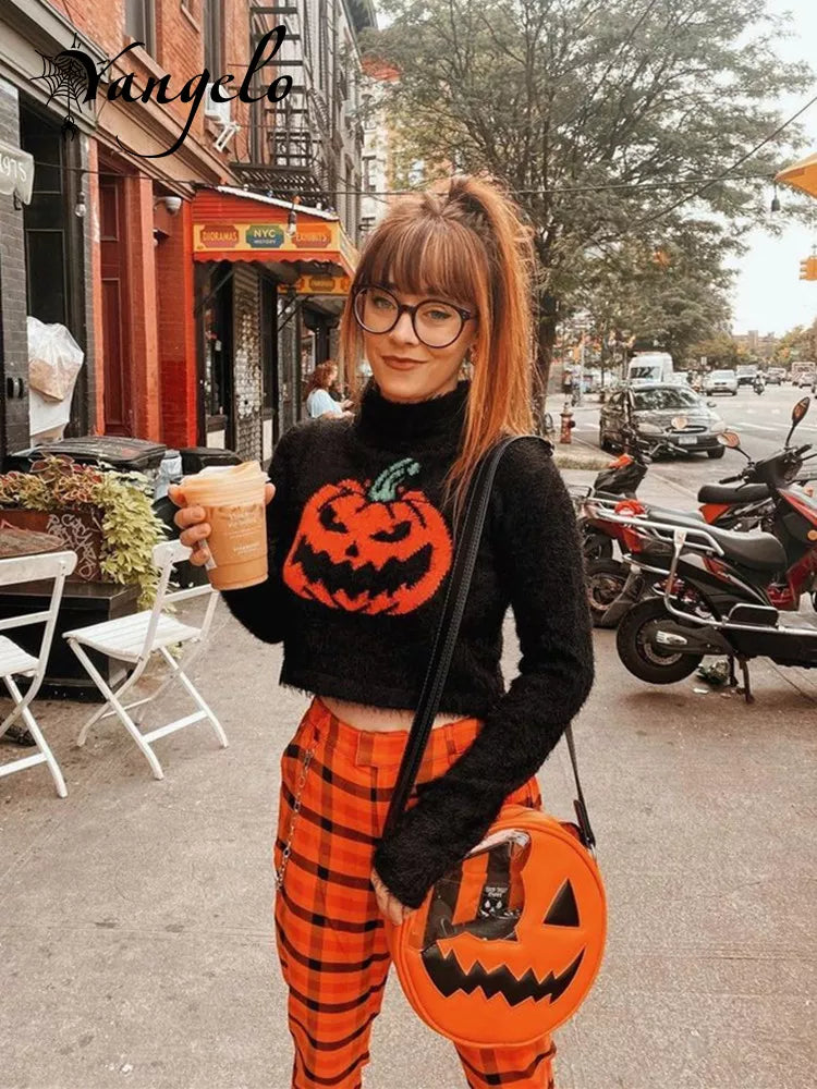 Halloween Sweater Turtleneck Pullover Crop Long Sleeves Halloween Grunge Top