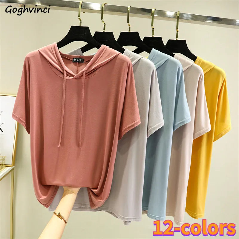 Thin T-shirts Women Hooded Fashion Loose Casual All-match Korean Style Solid Simple Y2k Aesthetic Футболка Женский Cozy Chic New