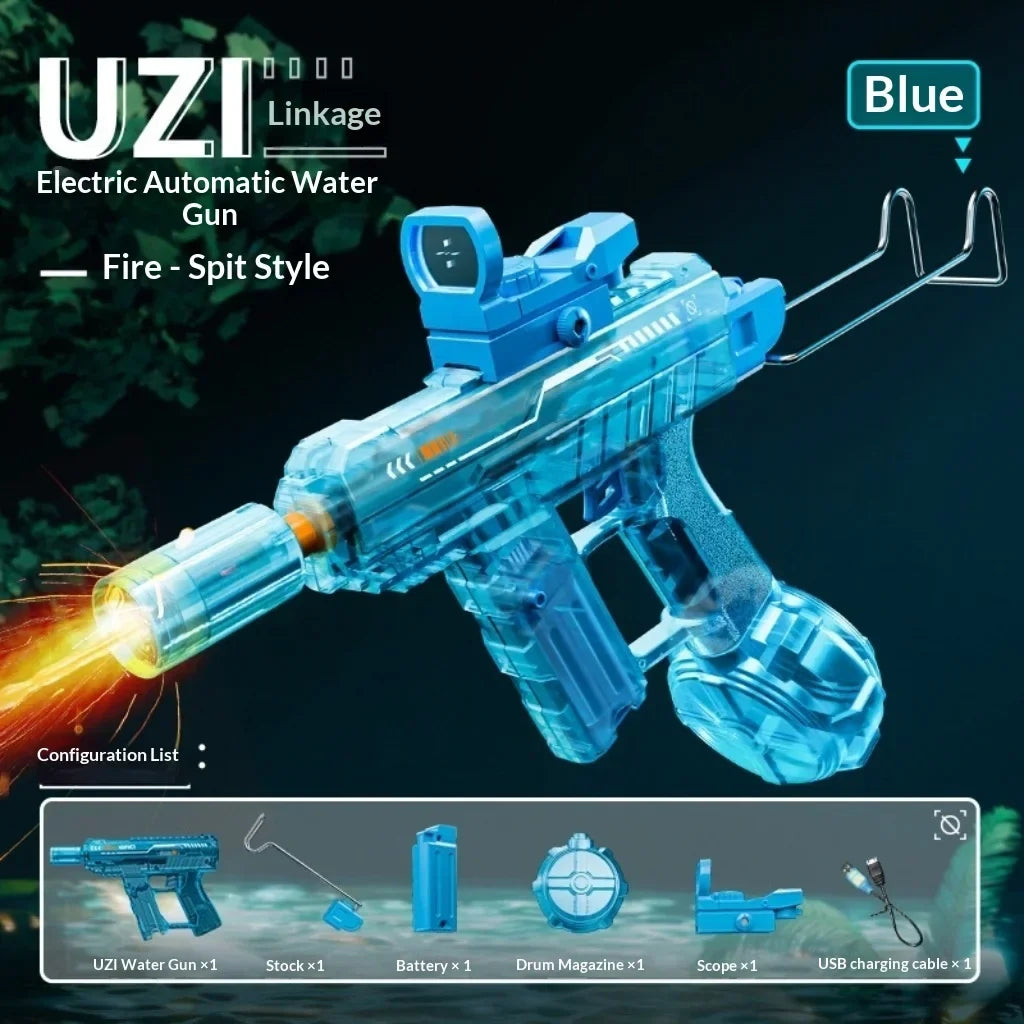 UZI Electric Water Gun with Lights Cool Electric Continuous Firing and Reloading Summer Water Play Kid’s Adult Toy Water Gun