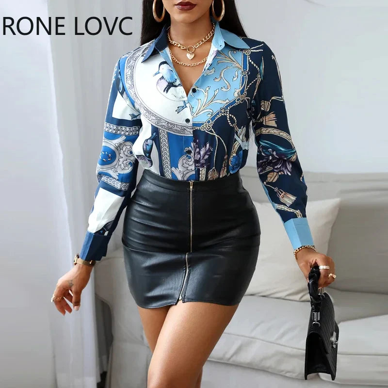Women Bird Scarf Print Long Sleeve Shirt Blouse Spring Tops and Blouses