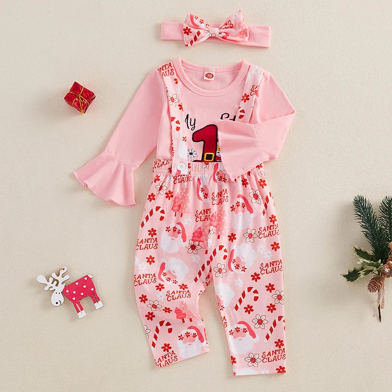 0-18 Months Baby Girls Christmas Outfits Long Sleeve Romper with Suspender Pants Headband Set Newborn Fall Clothes