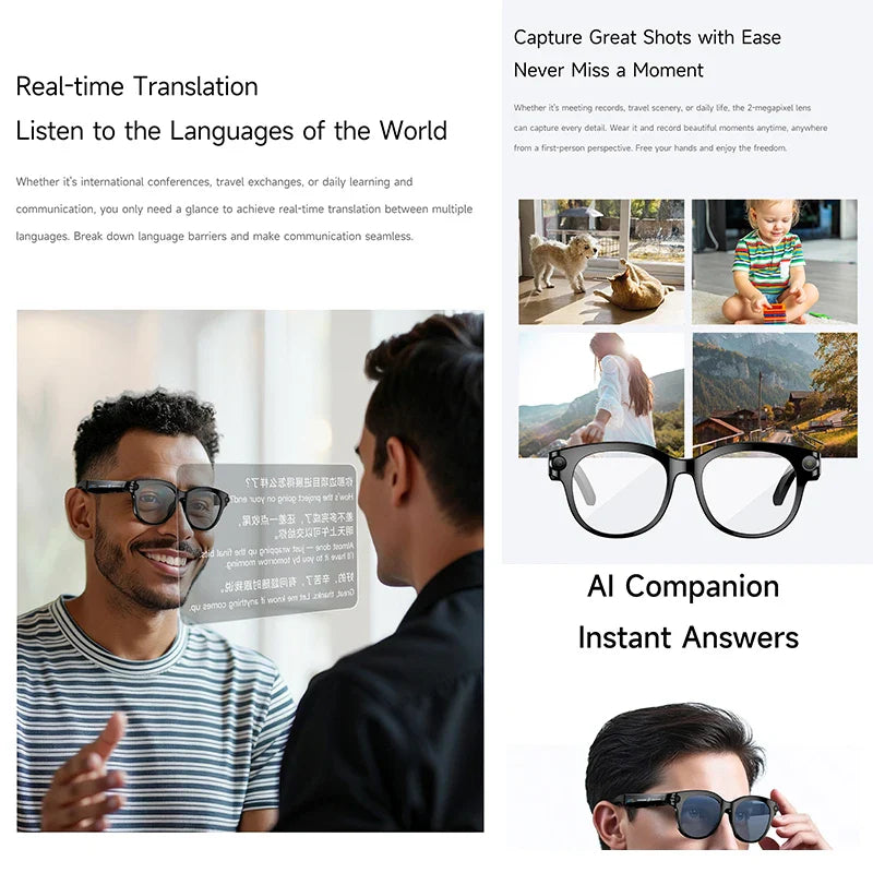 2026 AI Smart Glasses, 200W HD Camera, 1080P Translation, AI Voice Assistant, Music Playback, LED Flashlight Men Women Smart Glasses.