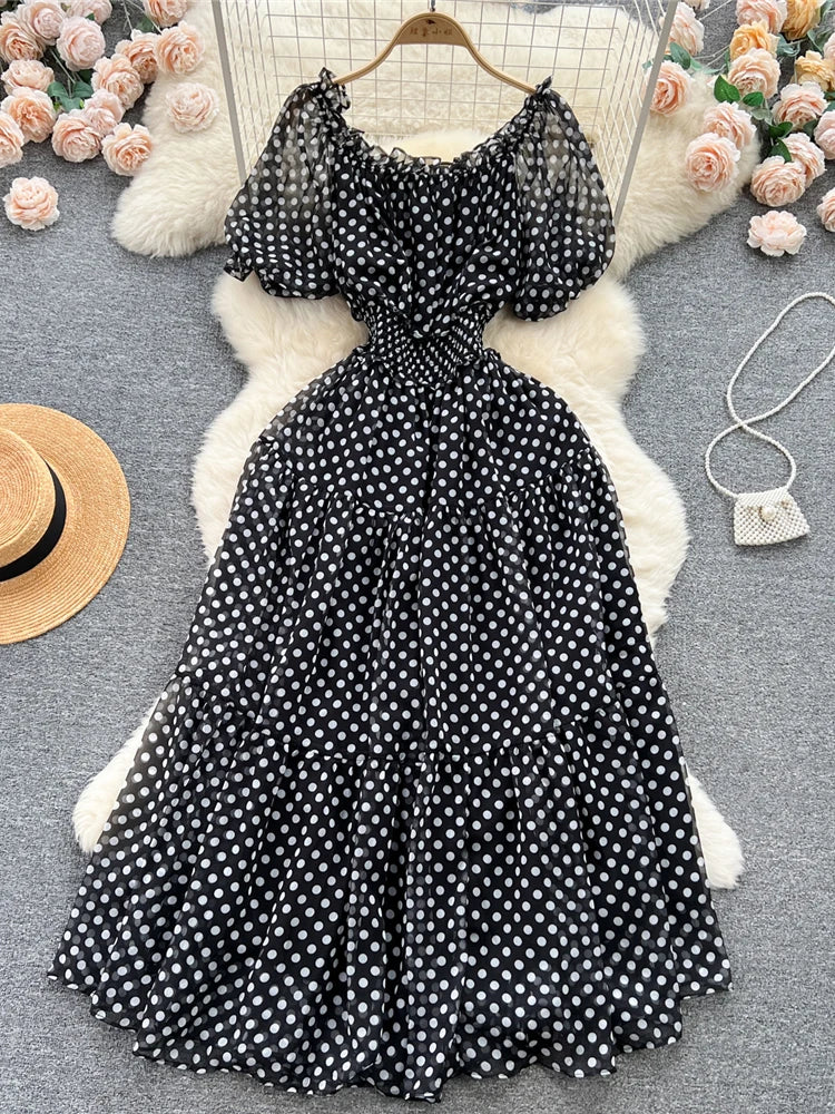 Summer Women Red/Green/White Polka Dot Chiffon Long Dress Beach Vacation Sexy Short Puff Sleeve High Waist A-Line Party Robe New
