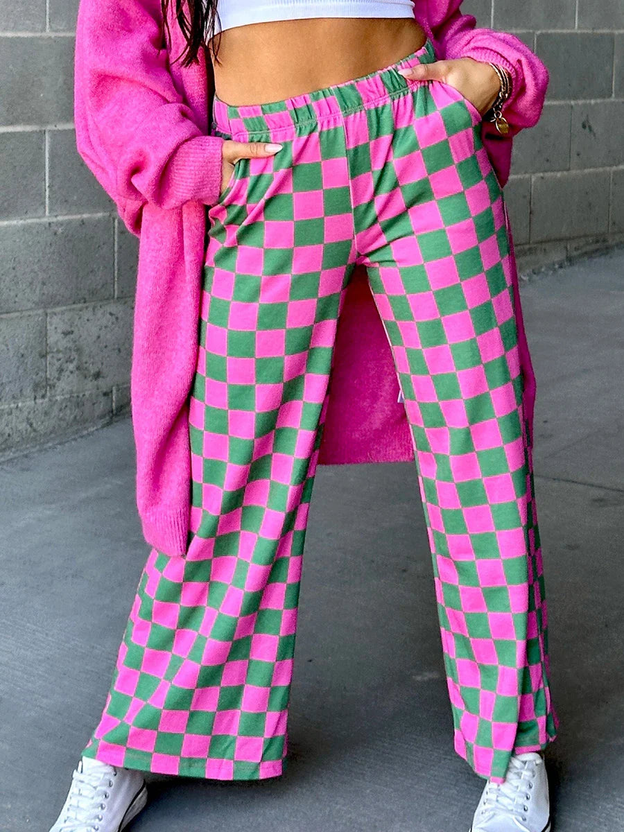Womens Checkered Wide Leg Pants High Elastic Waisted Straight Loose Fitted LoungeTrouser Y2k Korean Streetwear
