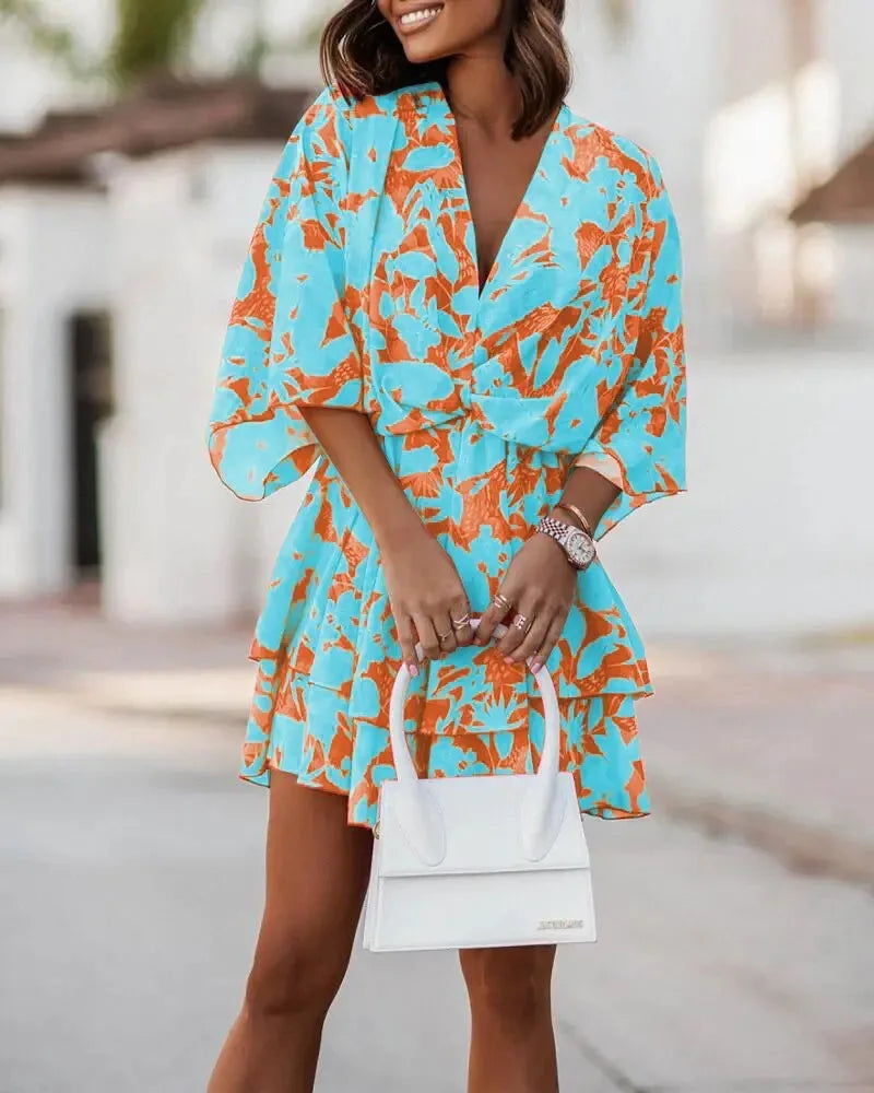 2024 Women's Cross border with Batted Sleeves Fashionable Printed Dress
