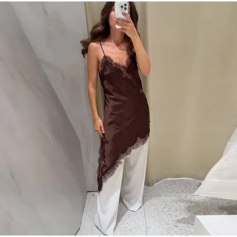 Brown Satin Sexy Lace Spliced Short Sling Dress Women V-neck Sleeveless Backless Asymmetric Party Dresses 2025 Summer Lady Robes