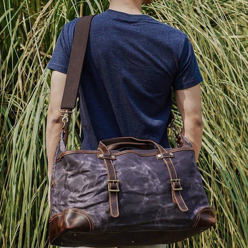 Vintage Leather Canvas Carry On Shoulder Handbag for Women Overnight Weekender Bag for Travel XM69