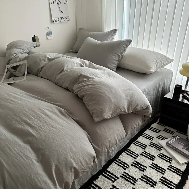 Bed Linen Solid Cotton Bedding Set, with Sheet, Duvet Cover, Pillowcases. Single Couple Bedsheet King, Queen Double Twin Size