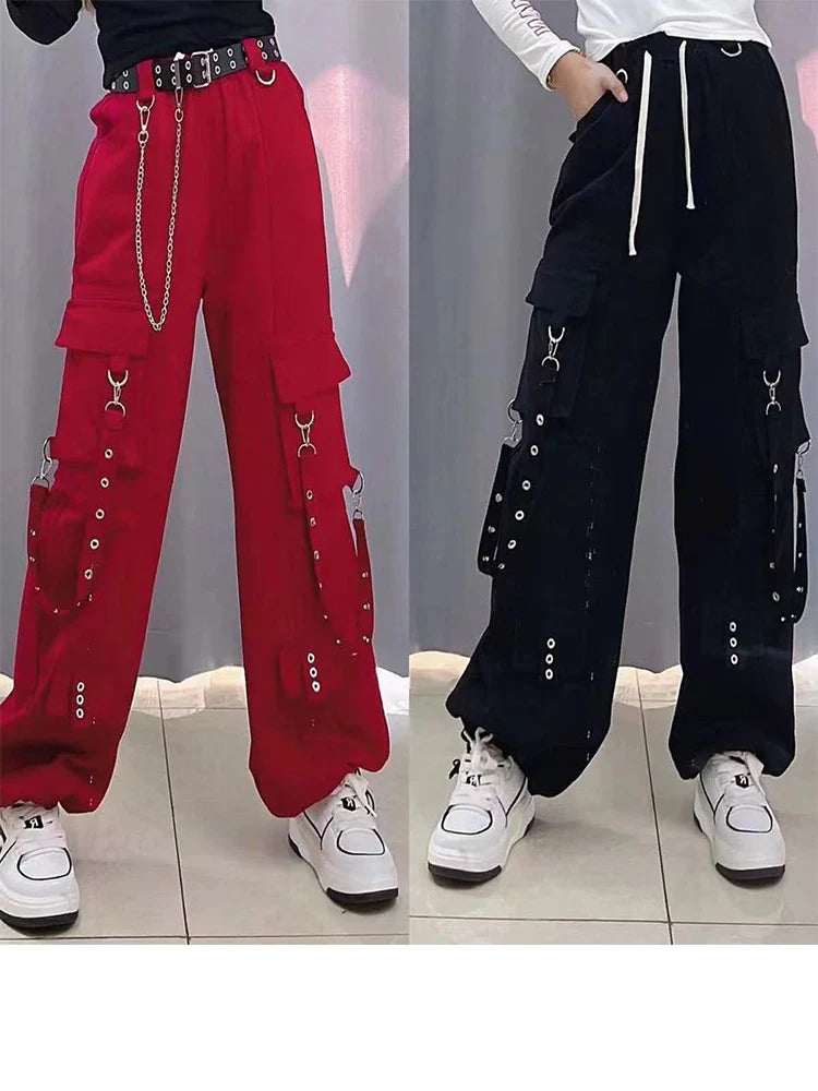 Women's Red Baggy Cargo Pants Vintage Y2k Harajuku Aesthetic Streetwear Oversize Pants High Waist Wide Trousers 2000s Clothes