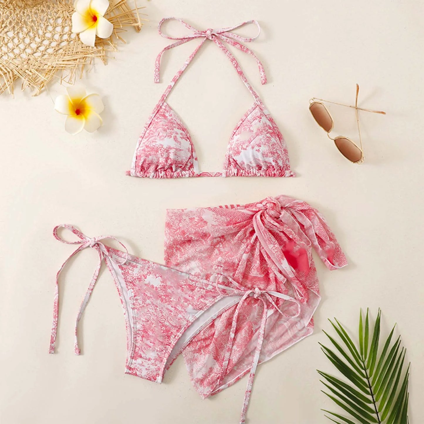 Female Bathing Suit Women'S 3 Piece Ink Wash Tie Dye Bikini Set With Sheer Sunscreen Poncho Swimsuit 2024 Summer Beach Wear