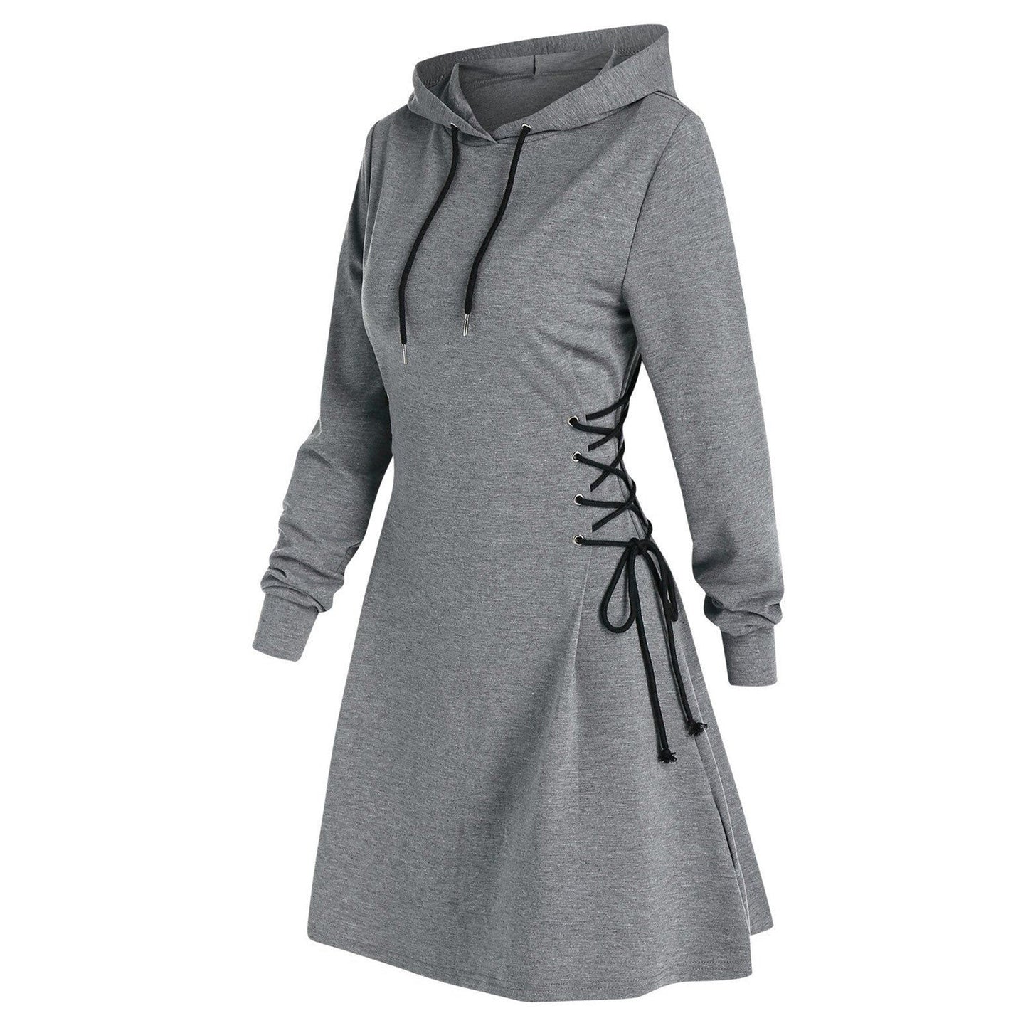 Autumn Long Sleeve Women Lace Up Sweatshirt Dress Fashion Solid Hooded Dresses Vestido Casual Drawstring Dress Streetwear платье