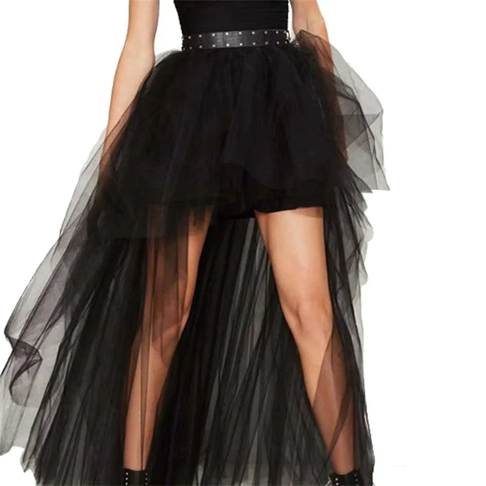 MisShow Gothic Women Hi-Lo Long Tulle Tutu Punk Skirt Elastic Waist High Low Mesh Net Halloween Cosplay Costume Maxi Skirts