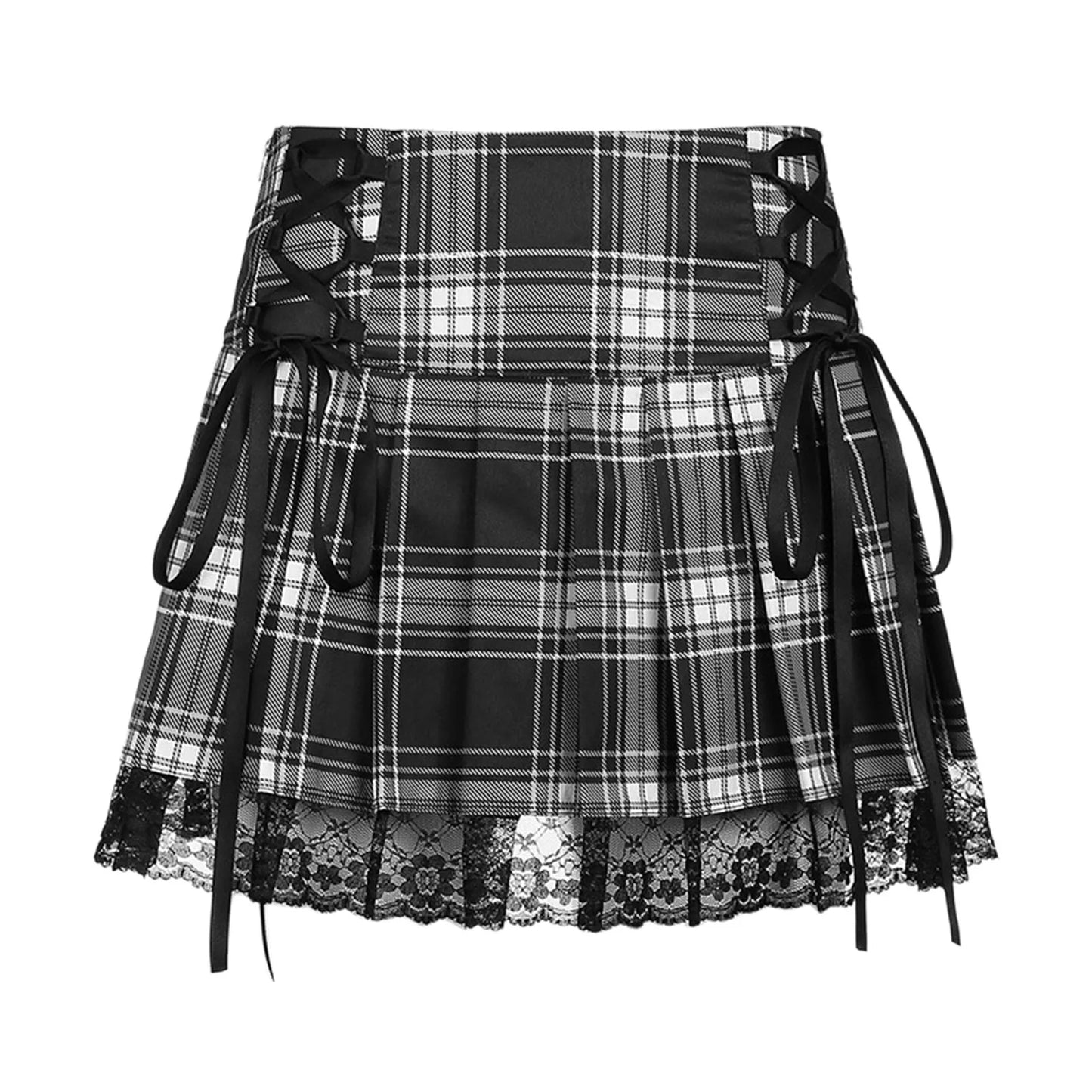 Cool Girls Gothic Skirt Y2k High Waist Plaid Lace Bandage A-Line Skirt Women Vintage Hip Hop Punk Streetwear Pleated Skirt