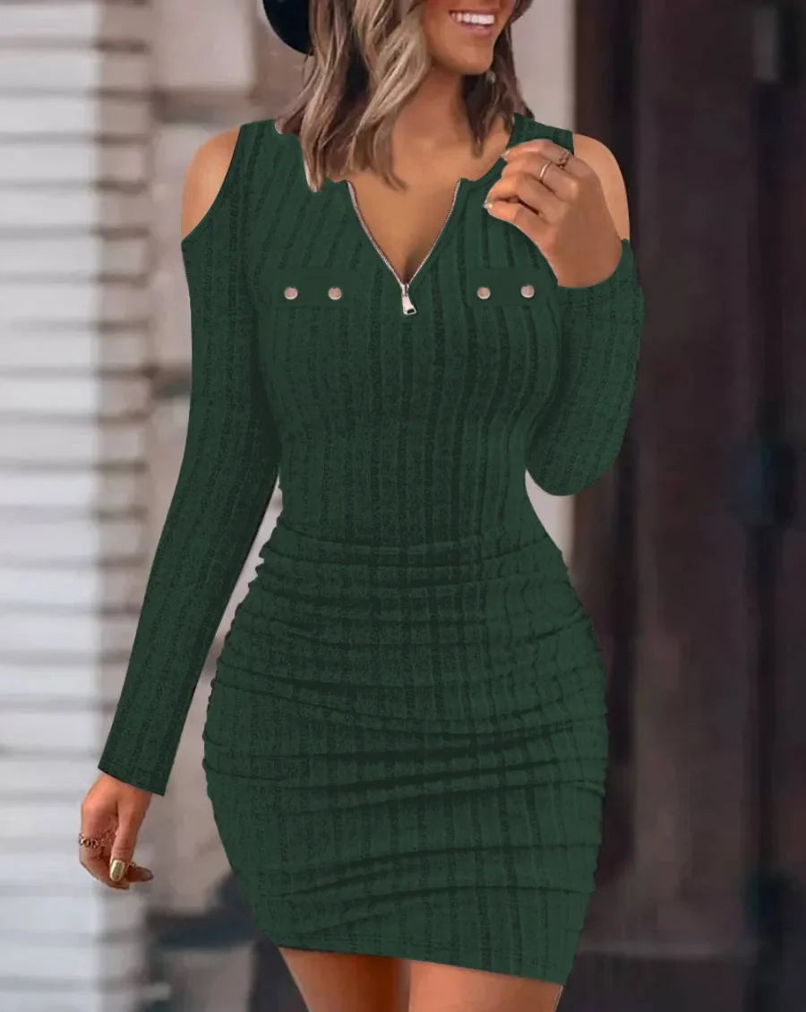 Fashion Woman Dress 2024 Autumn Winter Cold Off Shoulder Zipper Ribbed Casual Plain Long Sleeve Bodycon Mini A Line Dresses