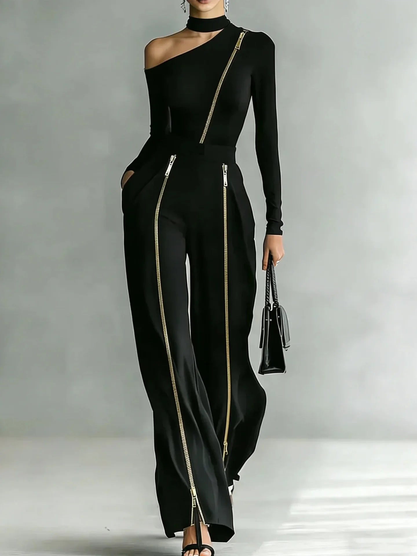 Women's Two-piece Slim-fit Long-sleeved Double-zipper Wide-leg Pant 2026 Spring Elegant Fashion Stand-up Collar Solid Color Suit