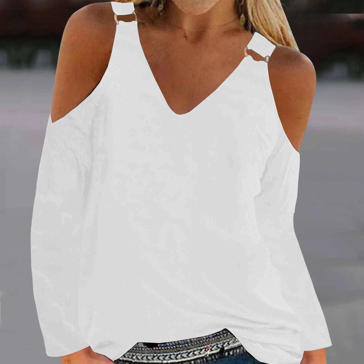 Women's V-Neck Leak Shoulder Long Sleeve Top, Loose Blouses for Women, Casual and Sexy, Youthful Clothes, Monochromatic, New