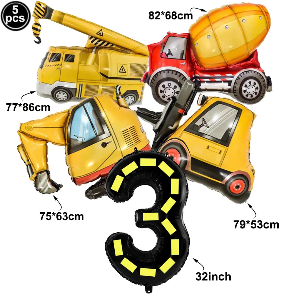 5pcs Construction Themed Balloon Carton Vehicle Balloon Excavator Forklift Crane Balloons for Boy's Construction Birthday Party
