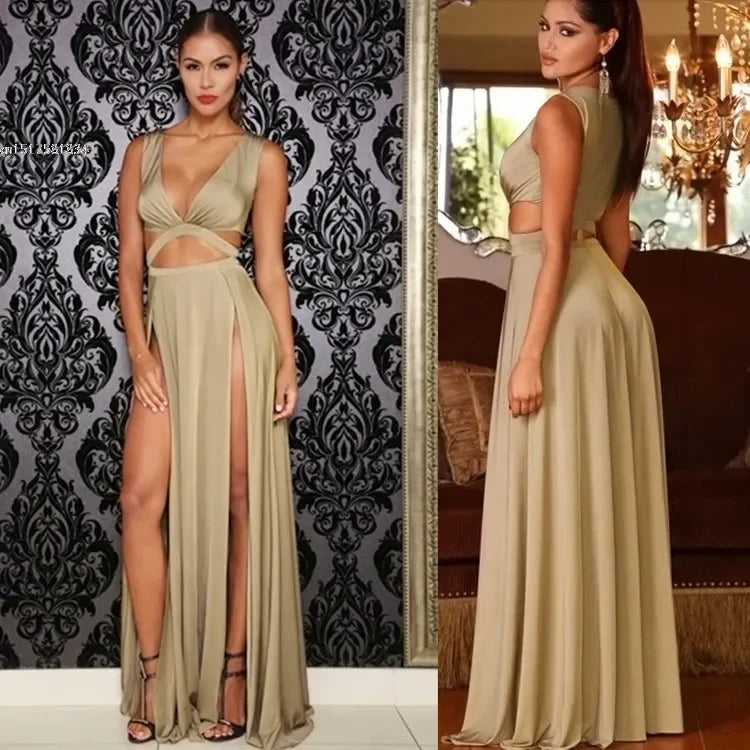 2024 Women Sexy Sleeveless V-neck High Slit Hollow Out Bodycon Bandage Dress for NightClub Party Long Wrap Maxi Dress Vestido u2