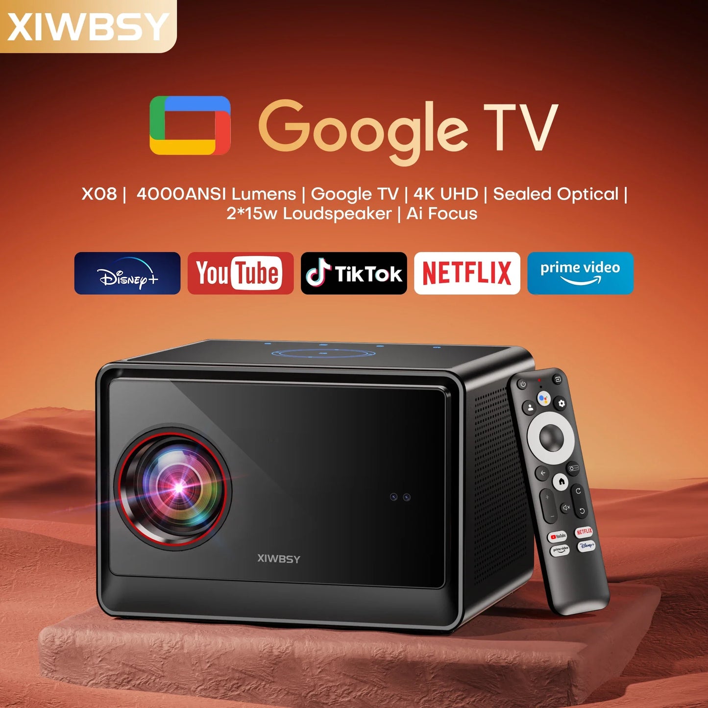 XIWBSY 64GB Google TV Projector 4000ANSI Offline Cinema Beamer 4K HD Video Projector Android 14.0 Sealed Optical Projector